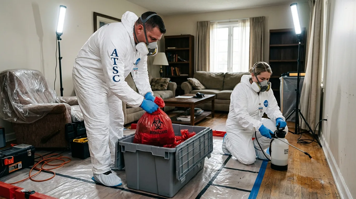Professional Hoarding Cleanup technician in full PPE working in Godfrey